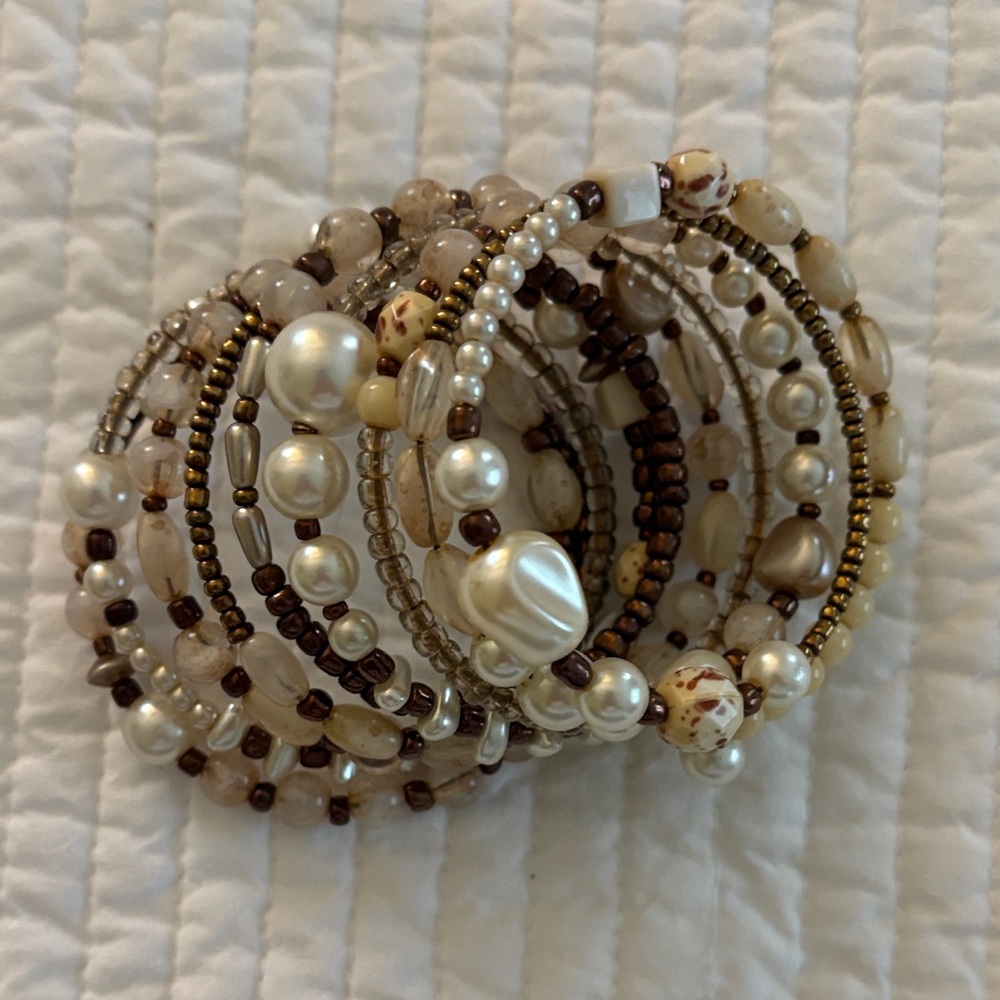 Chico's Pearl and Bead Bracelet Set - Cream and Brown